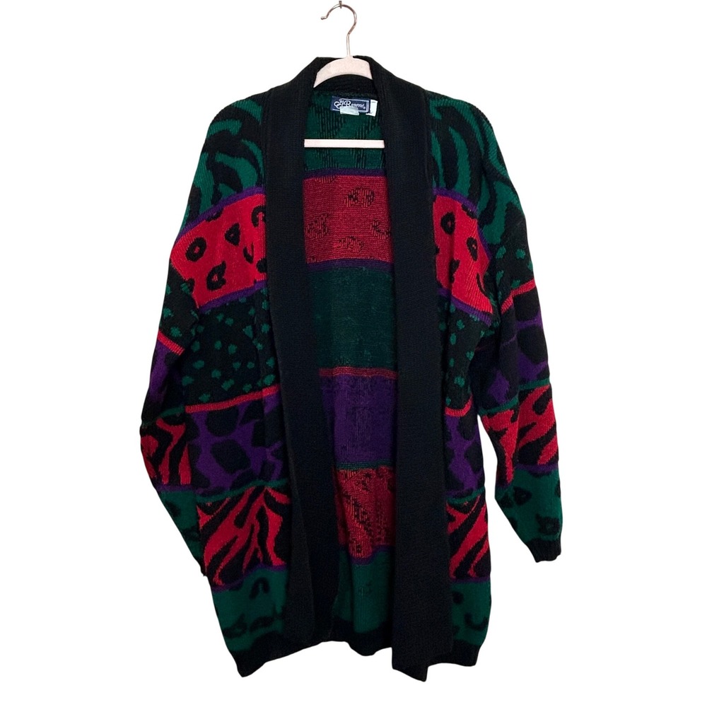 Colorful Cardigan Sweater Womens Large Animal Print Open Front USA Striped Bold